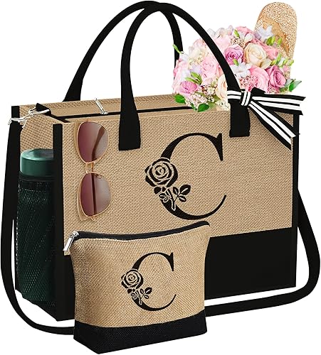 YOOLIFE Regalos para el día de la madre bolsa de yute inicial con cremallera, regalos de cumpleaños personalizados para mujeres, regalo de