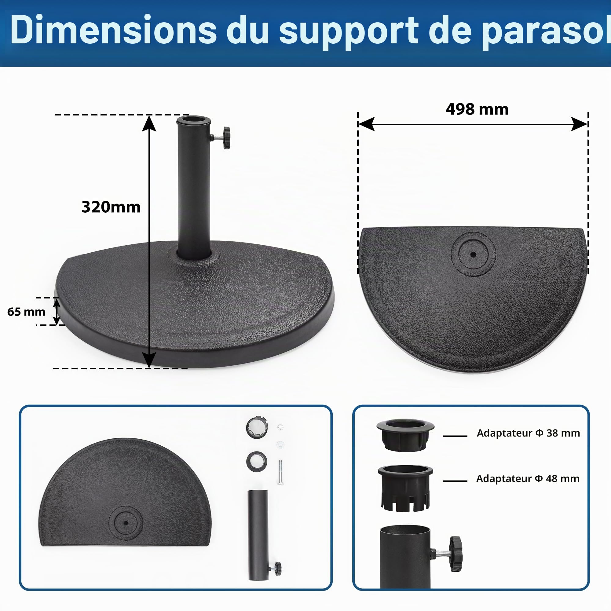 paramondo Pied de Parasol Semi-Circulaire Socle de Parasol résistant aux intempéries Épaisseur de mât 35-50 mm, Adaptateur Inclus, Pied de Balcon 9 kg, Noir