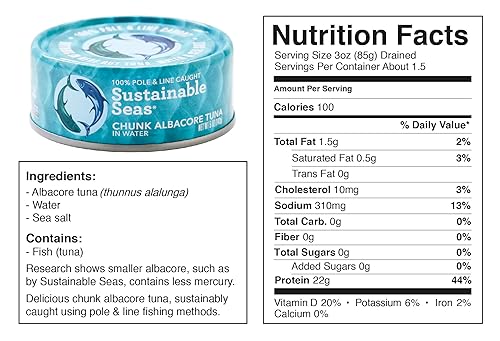 Miniatura 6 de Sustainable Seas, Trozos de atún blanco en agua, 5 onzas, probado por mercurio de terceros, 100% capturado de forma sostenible (paquete de 12)