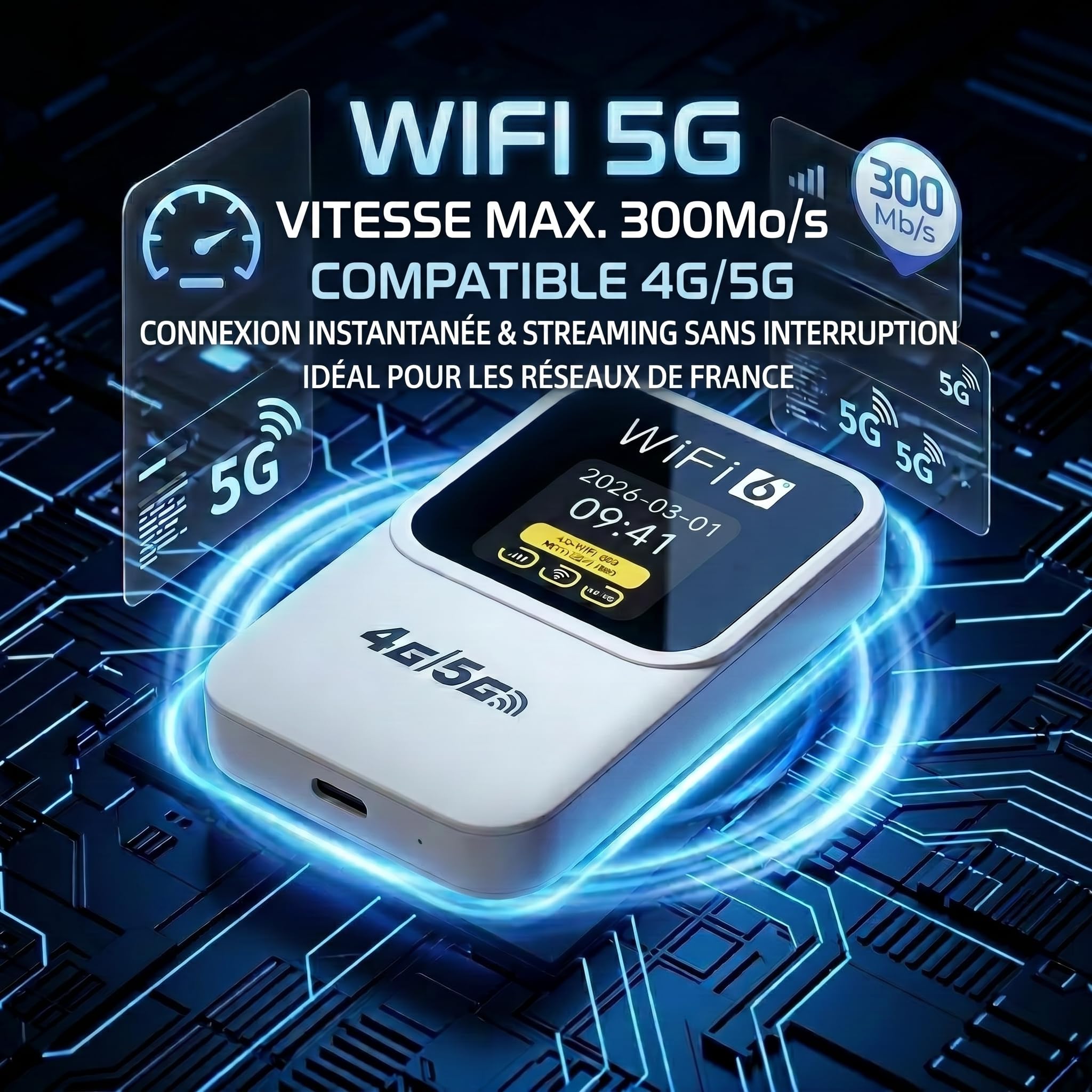 Routeur 5G Portable WiFi 6 Déverrouillé Modem Carte SIM Haut Débit 5G/4G+ 28 Appareils Voyage Télétravail