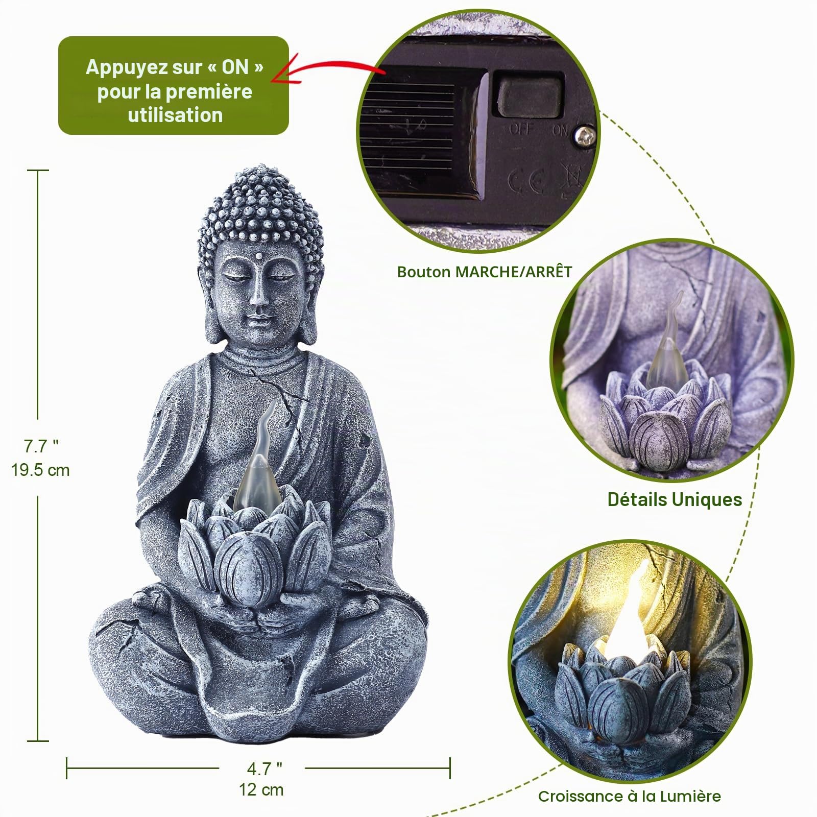 Goodeco Statue de Bouddha pour décoration intérieure et extérieure, lampe de jardin solaire à LED clignotante, méditation zen, décoration spirituelle de pièce (Bouddha zen)