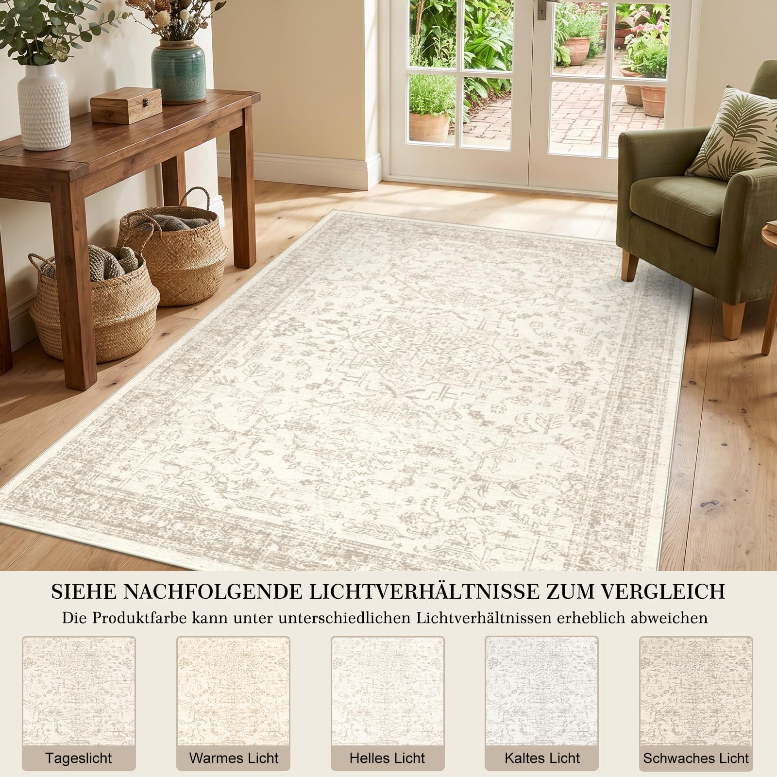 Tapis Vintage Beige 120x180cm Lavable antidérapant Poil Court pour Salon, Chambre, Bureau, Cuisine
