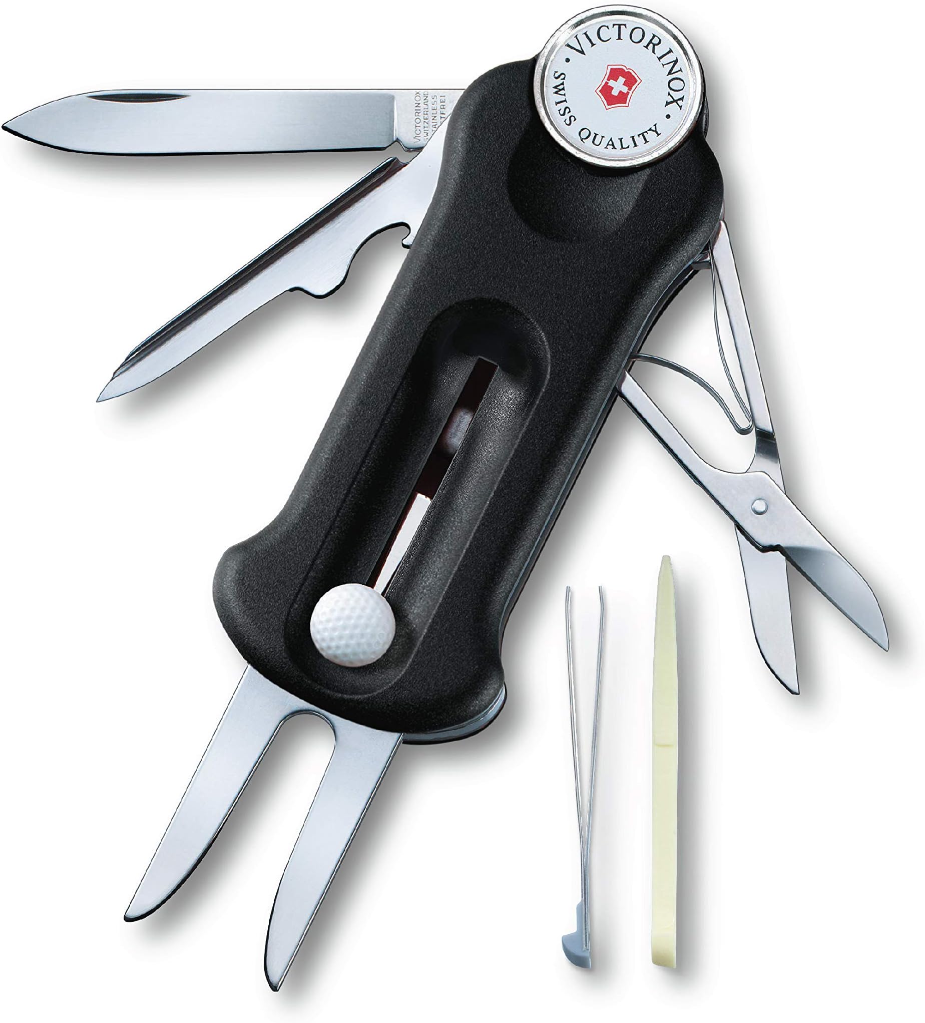 0.7052.3 Golf Tool, Black, Golf Fork, Ball Marker with Marker, Repair Tool, Equipped with Removable Ball Marker, Swiss Sports Tool with 10 Functions