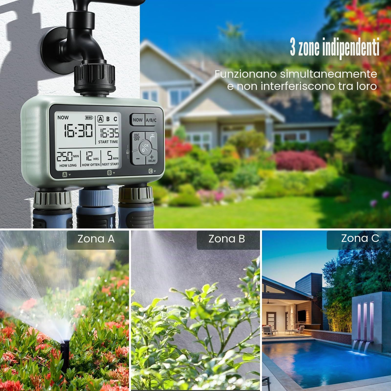 CROSOFMI 3 Vie Timer Irrigazione Automatica Digitale Centralina Irrigazione Temporizzatore Programmatore Irrigazione Giardino /IPX5 Impermeabile/Ritardo Pioggia/Modalità di Irrigazione Manuale