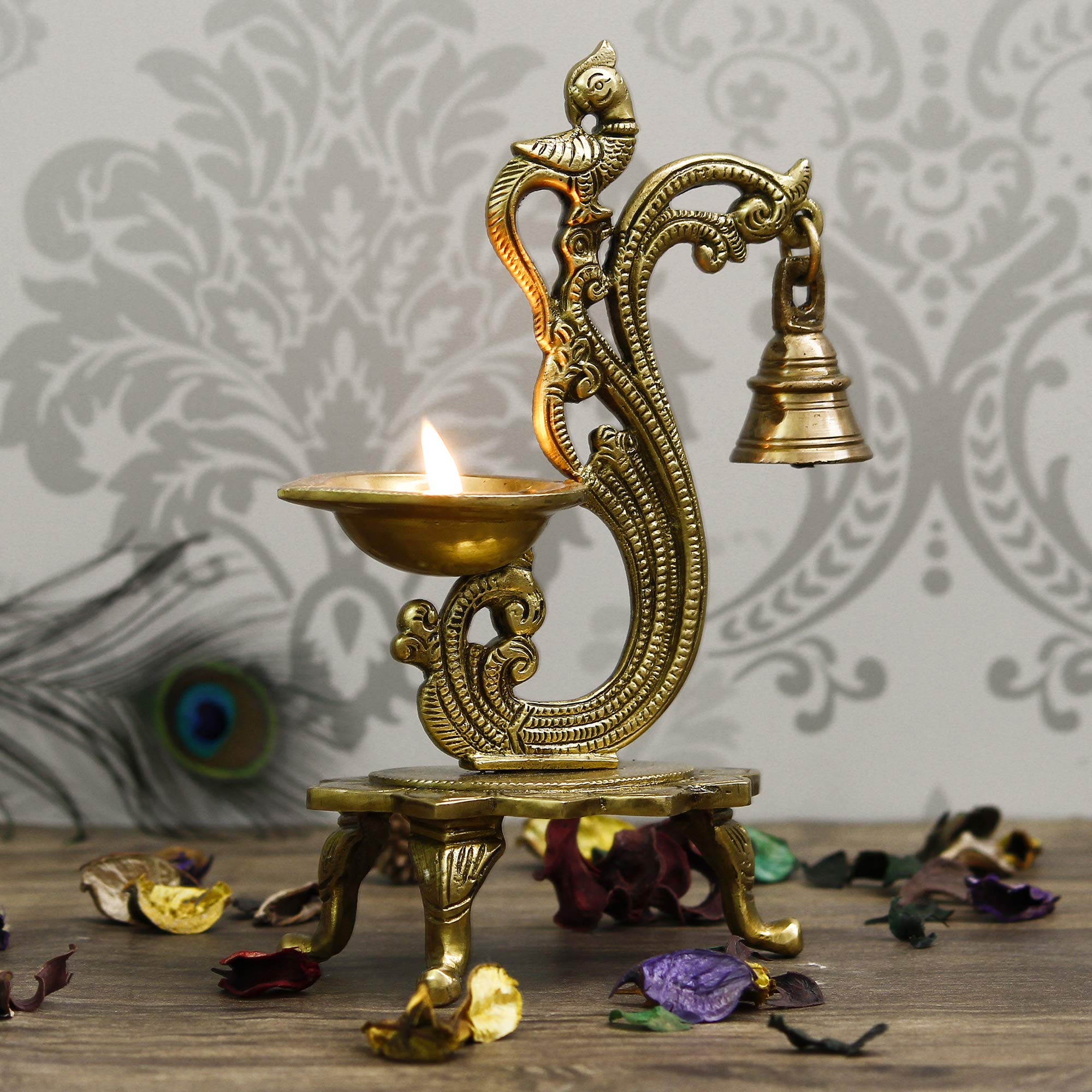 eCraftIndia Antique Finish Decorative Handcrafted Brass Parrot Showpiece Diya with Bells and Stand