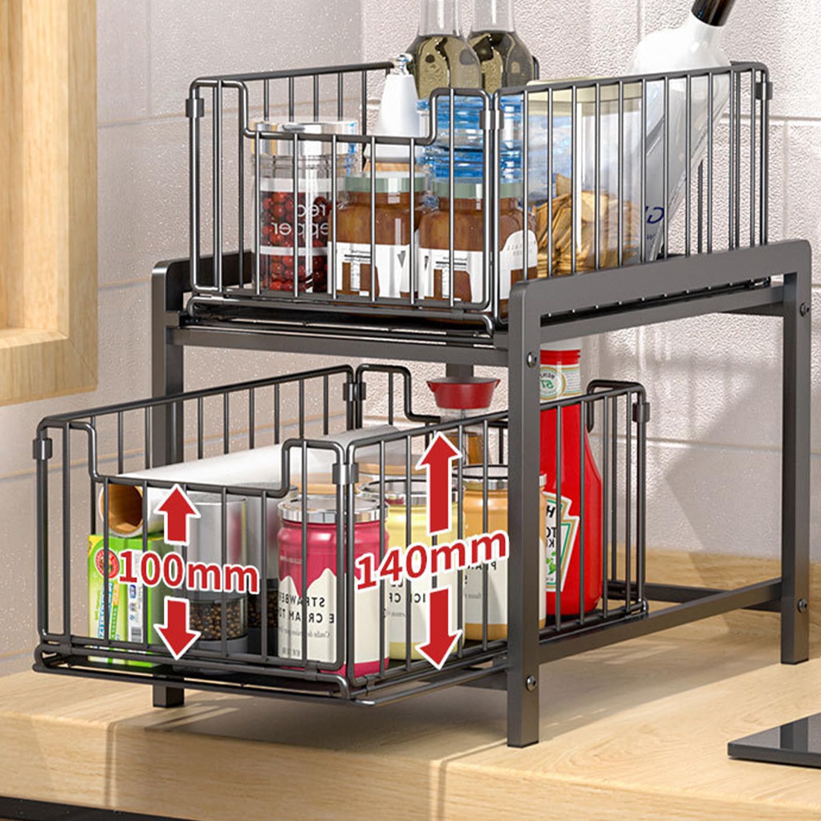 Estante de almacenamiento debajo del lavabo que ahorra espacio, 2 cestas deslizantes para una configuración eficiente de la cocina