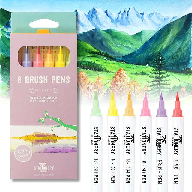 STATIONERY ISLAND Watercolour Brush Pen Set Colouring Highlighter Markers Felt Tips Calligraphy Brush Pens Water Colour Lettering Pen Set for Professional Adults and Beginners Kids - Spring Set of 6