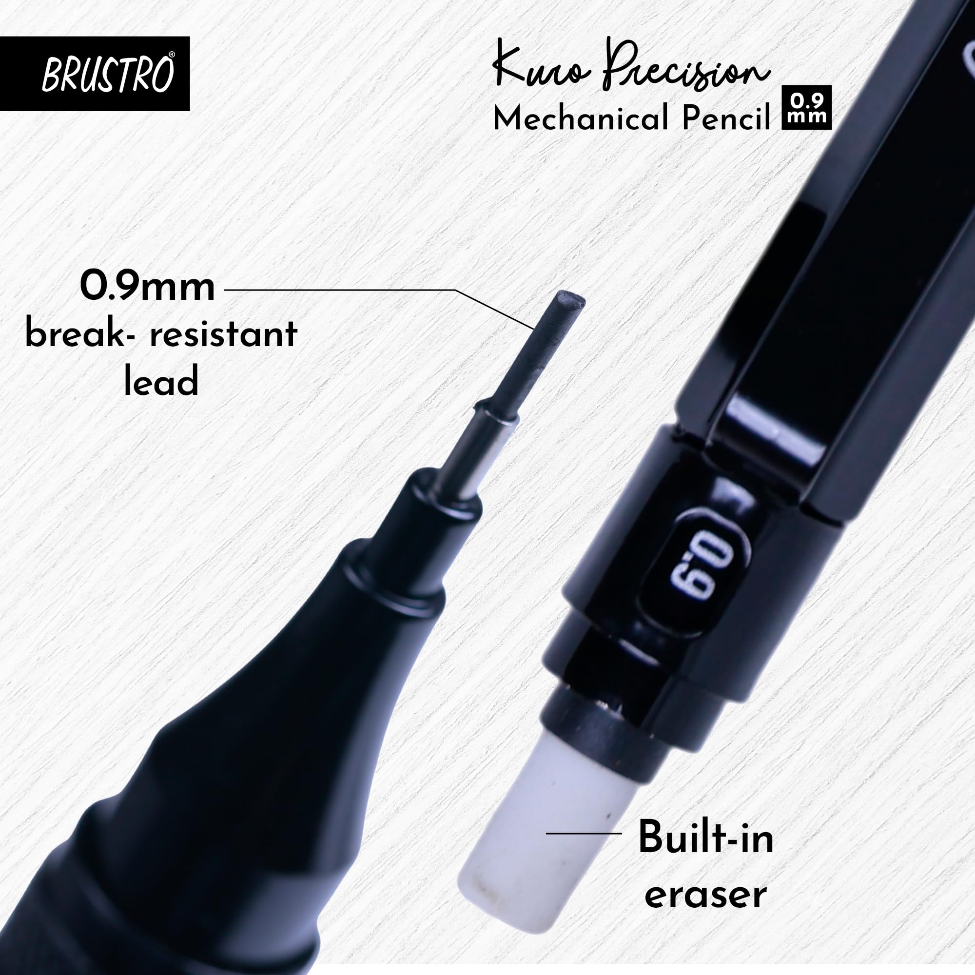 BRUSTRO Kuro Precision Mechanical Pencil | Tip Size - 0.9mm With 20 - HB and 20-2B leads, 3 Eraser Refills| Ideal For Writing, Sketching, Drawing, Mandala Arts and Fine Art Students 4