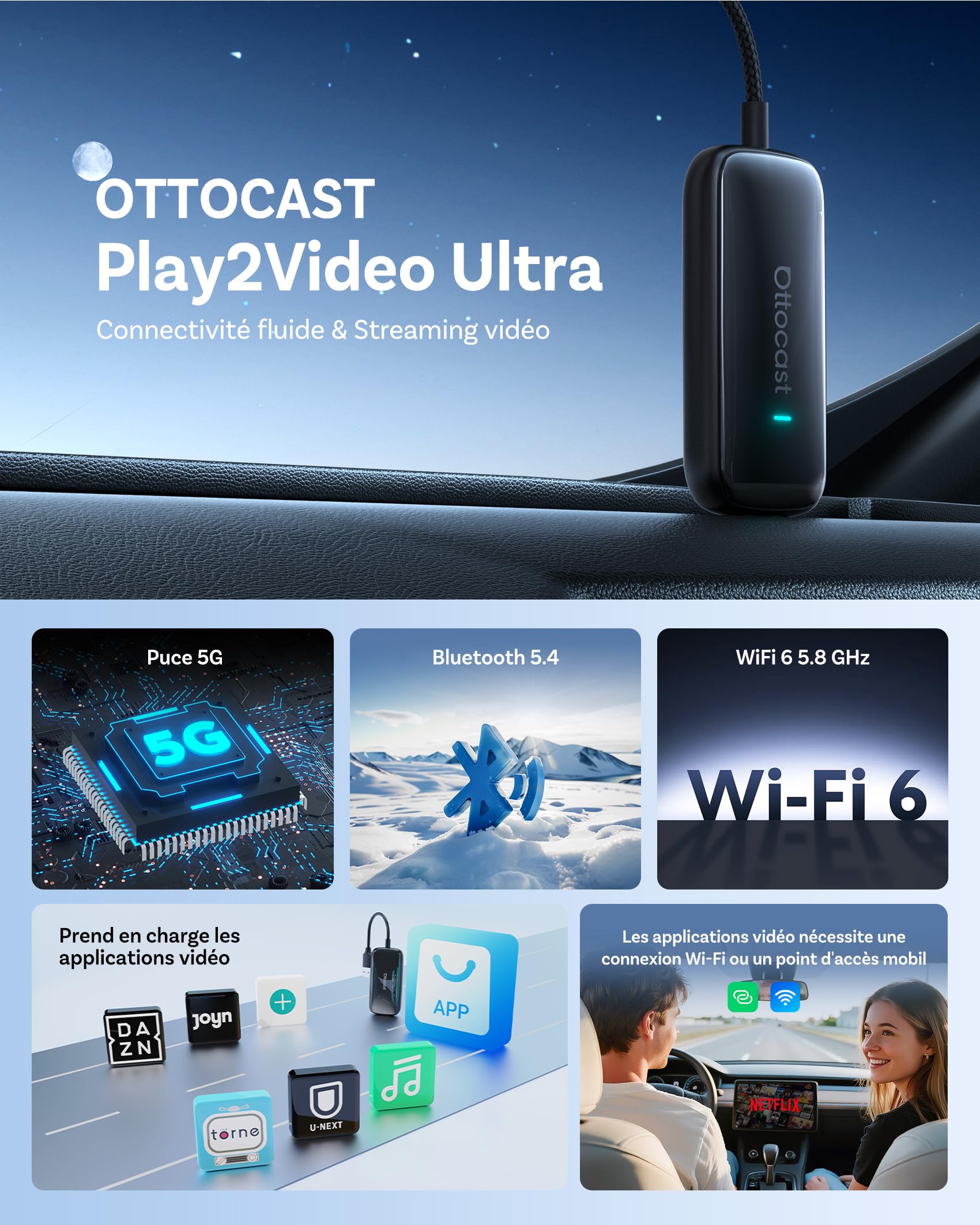 OTTOCAST Play2Video Ultra, Adaptateur CarPlay sans Fil & Android Auto Adaptateur CarPlay AI Box avec Netflix Youtube WiFi 6 5G Bluetooth 5.4 Adaptateur pour la Plupart des Voitures 2016+