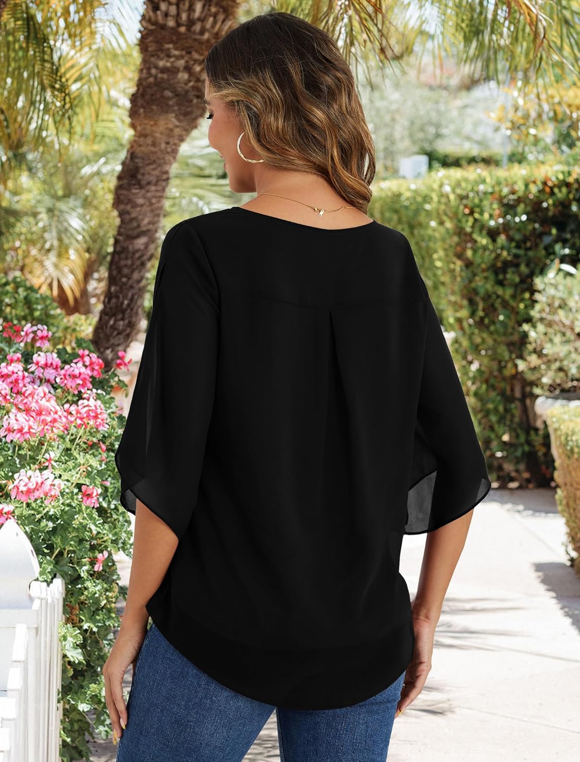 Neineiwu Womens 3/4 Ruffle Sleeve Tunic Tops V Neck Dressy Casual Chiffon Blouses for Women Summer Trendy Work Shirts - Image 5