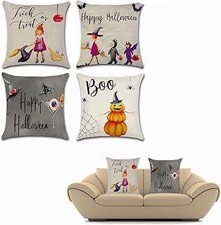 OFKPO 4 pcs Happy Halloween en Coton Lin Carré Couvre-lit Décoratif Taie d'oreiller Housse de Coussin avec Chauve-Souris Citrouille Little Witch Element