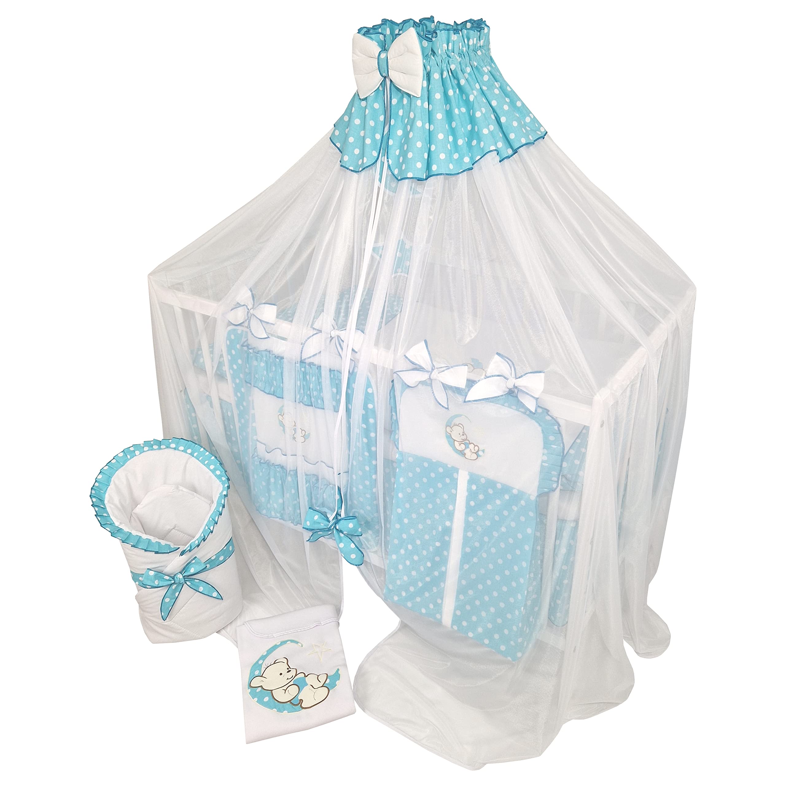 Juego Completo de 14 Piezas de Ropa de Cama para Bebé sin Cama Bordado con Oso de Peluche en la Luna Azul Azur (100x135 cm)