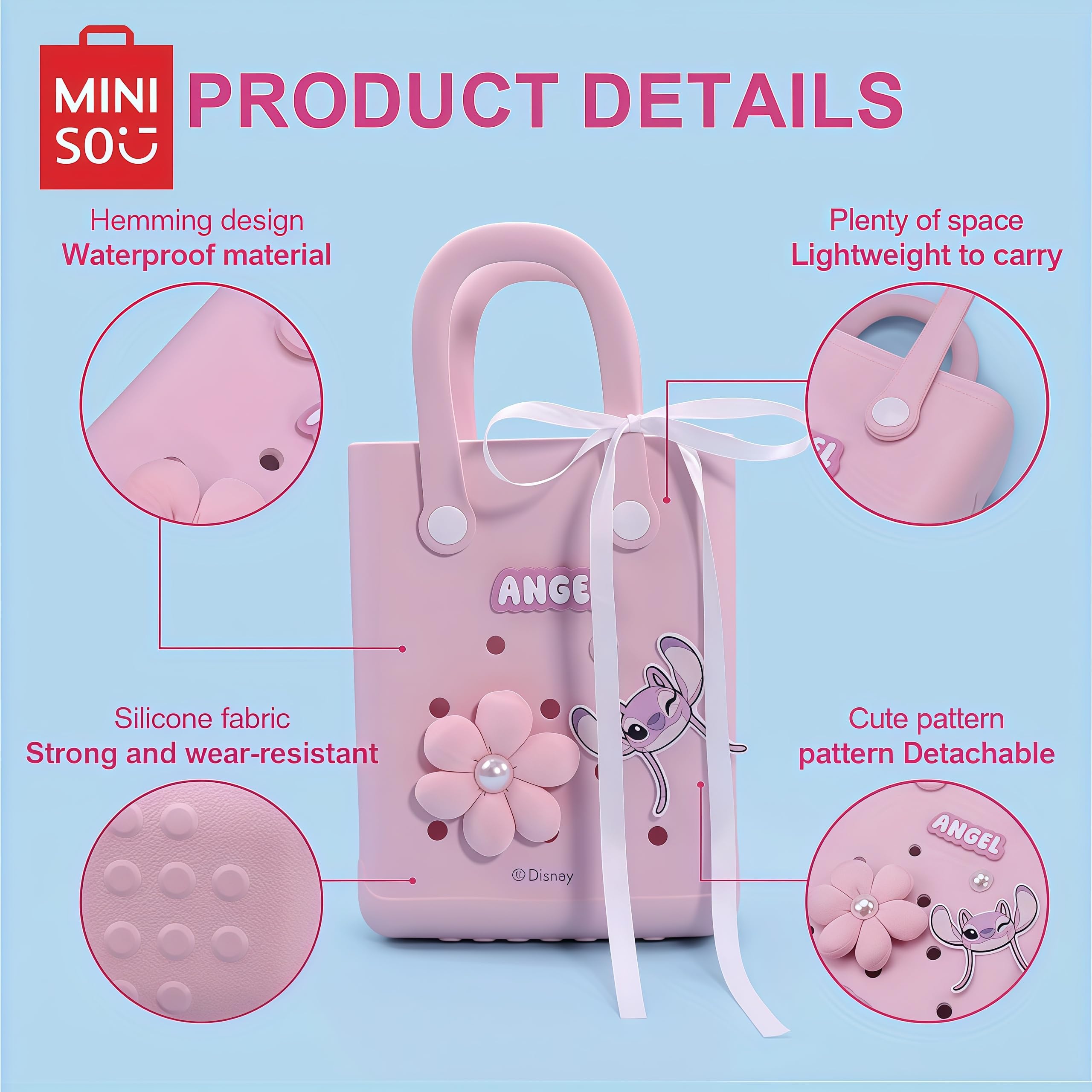 MINISO Disney Lilo & Stitch Series EVA Tote Bag, Light Blue, Stitch Character Theme, Decorative Starfish and Pearl Accents