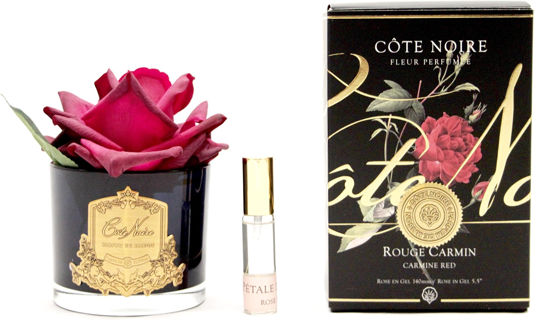 Cote Noire Scented Deep Dark Pink Rose Rouge Carmine in Black Glass Vase