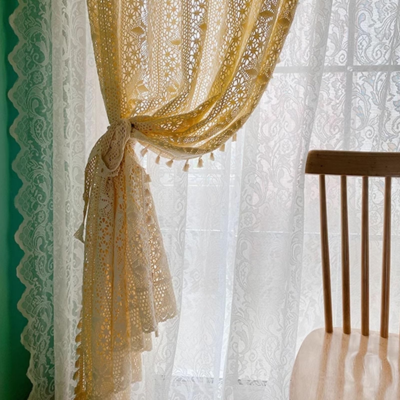 Rideaux en Dentelle Beige Shabby Chic avec Pompons, Rideaux De Fenêtre Vintage Creux en Coton Style Bohème pour Cuisine, Salon, Chambre à Coucher, 1 Panneau