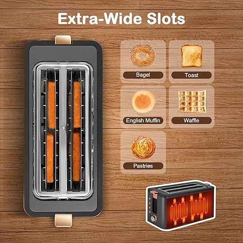Miniatura 4 de Mecity Tostadora de 4 rebanadas, tostadora de ranura larga con estante de calentamiento, funciones de bageldescongelaciónrecalentamiento, estante de