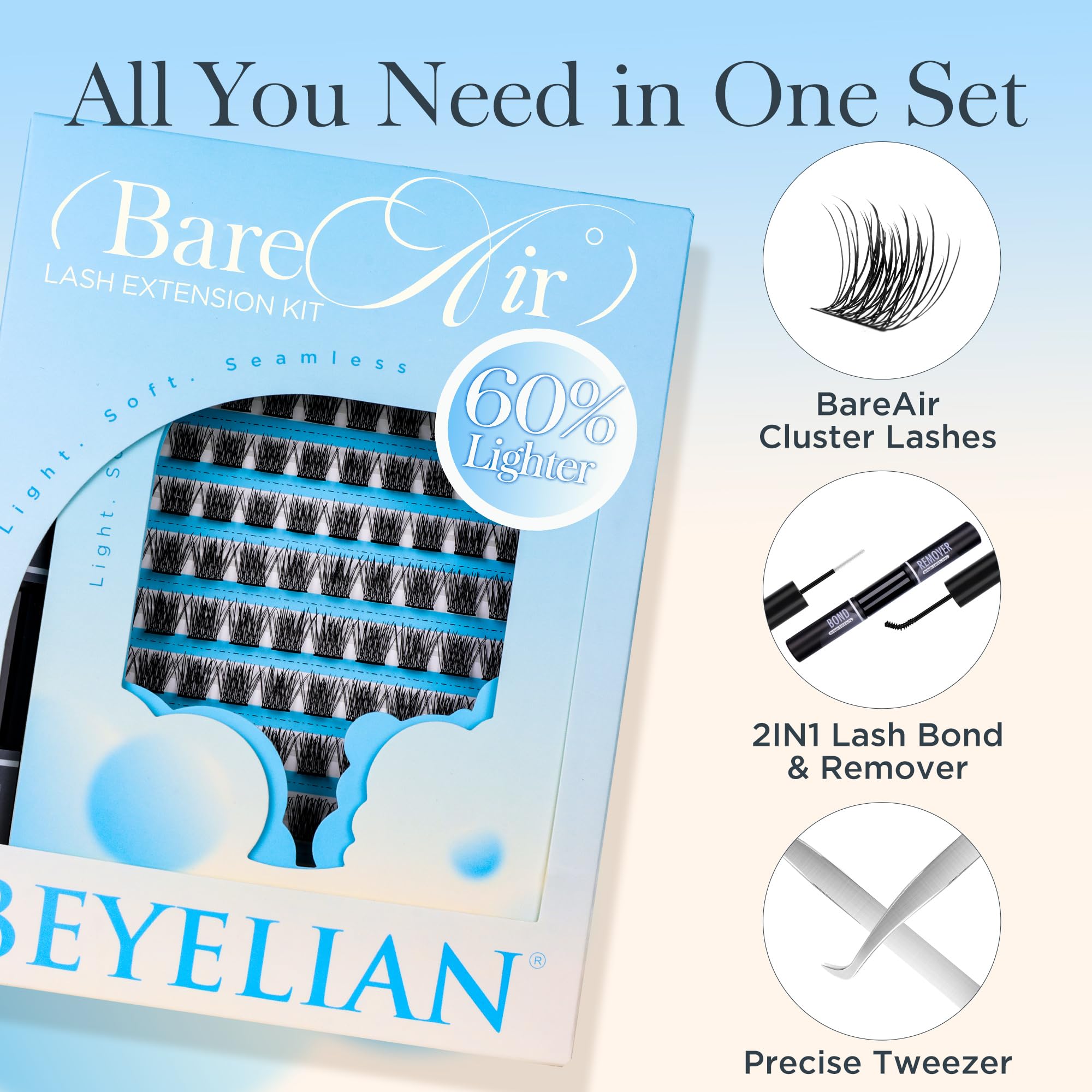 BEYELAN Lash Clusters Kit Natural DIY Eyelash Extension Kit with Bond and Remover and Applicator for Self Application at Home 10-16mm 120 Pcs (CCE103) - Image 2