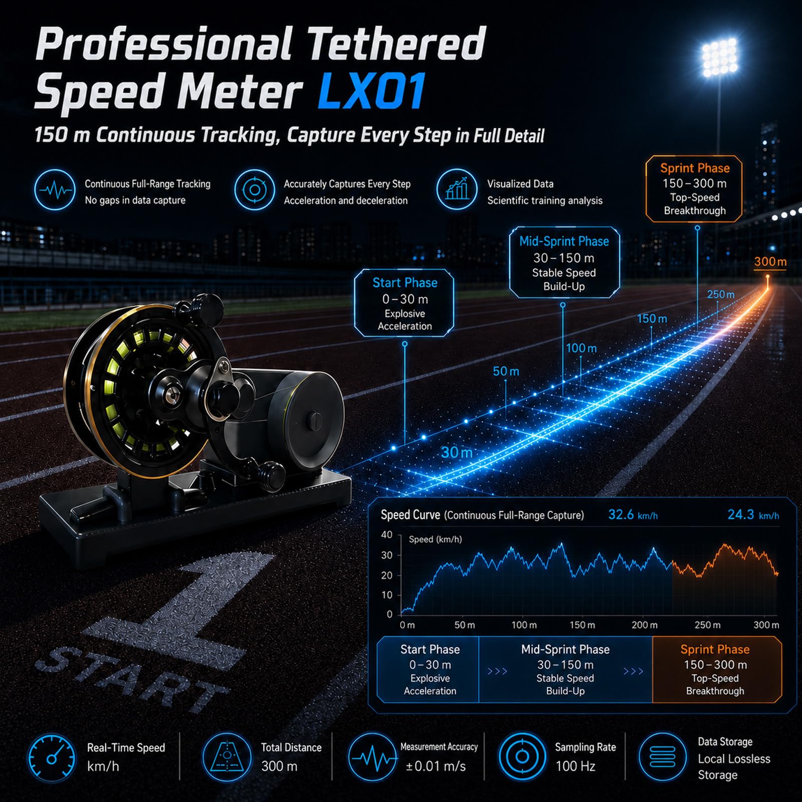Tester Di Prestazioni Sportive Di Velocità Con Filo, Tracker Di Velocità E Accelerazione Corsa Con Linea 150m, Analisi Dati A Doppia Curva, Esportazione App Per Atleti, Allenamenti Di Ciclismo E Team