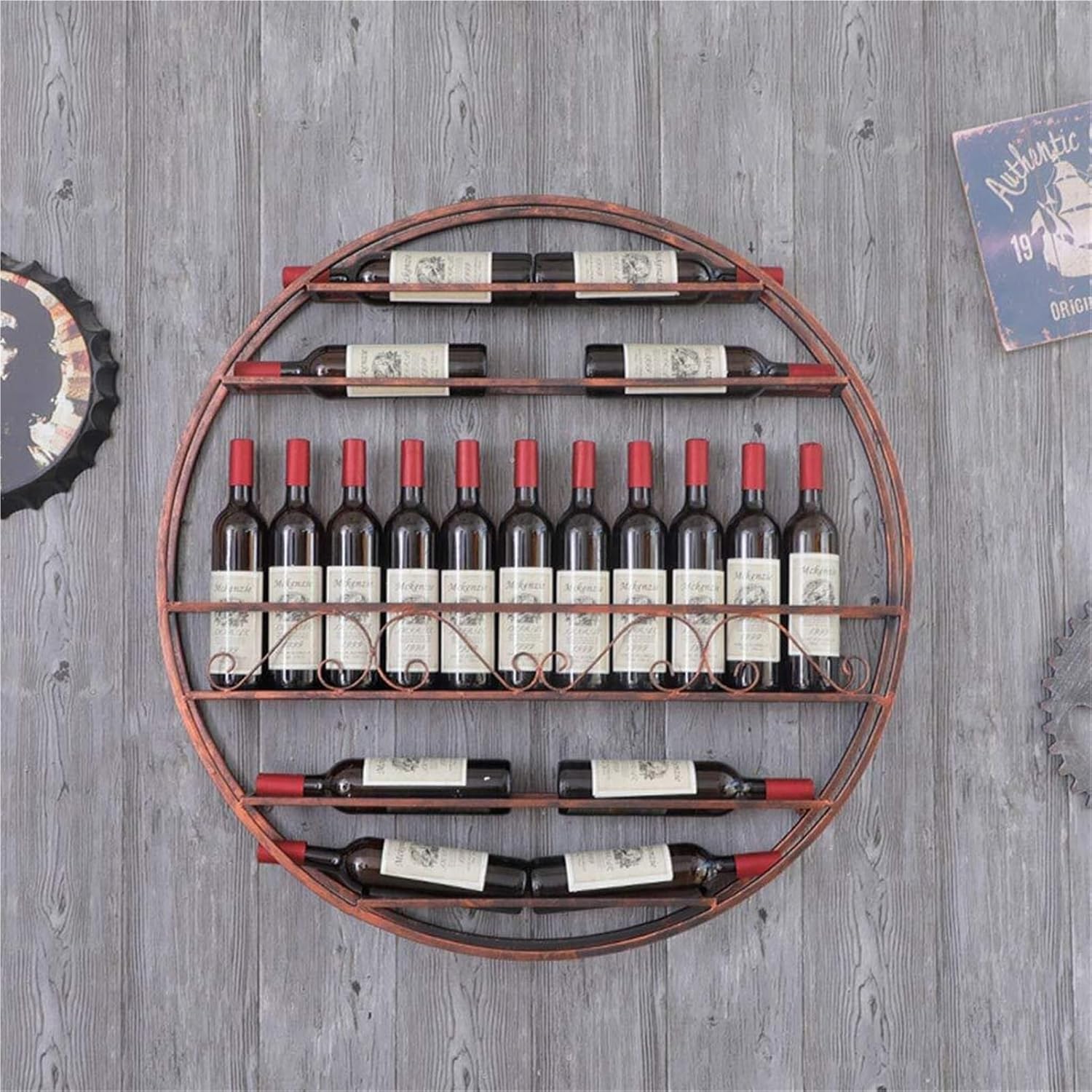 Wine Shelf Retro Round Wall Hanging Wine Rack | Red Copper American Style Bottle Racks - Vintage Bar Display for Dining Room Wine Holder