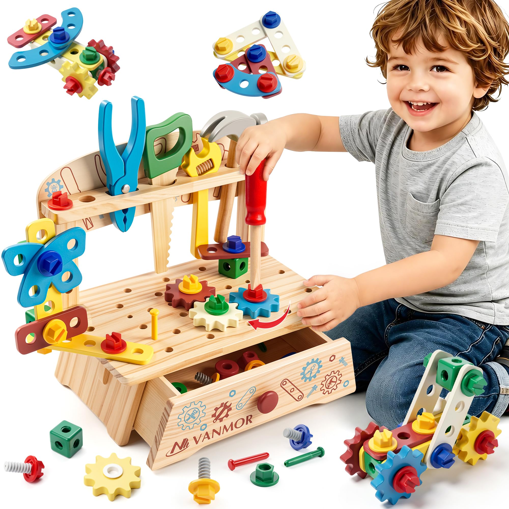 Vanmor Wooden Kids Tool Set, Montessori Bench Toys for Toddler