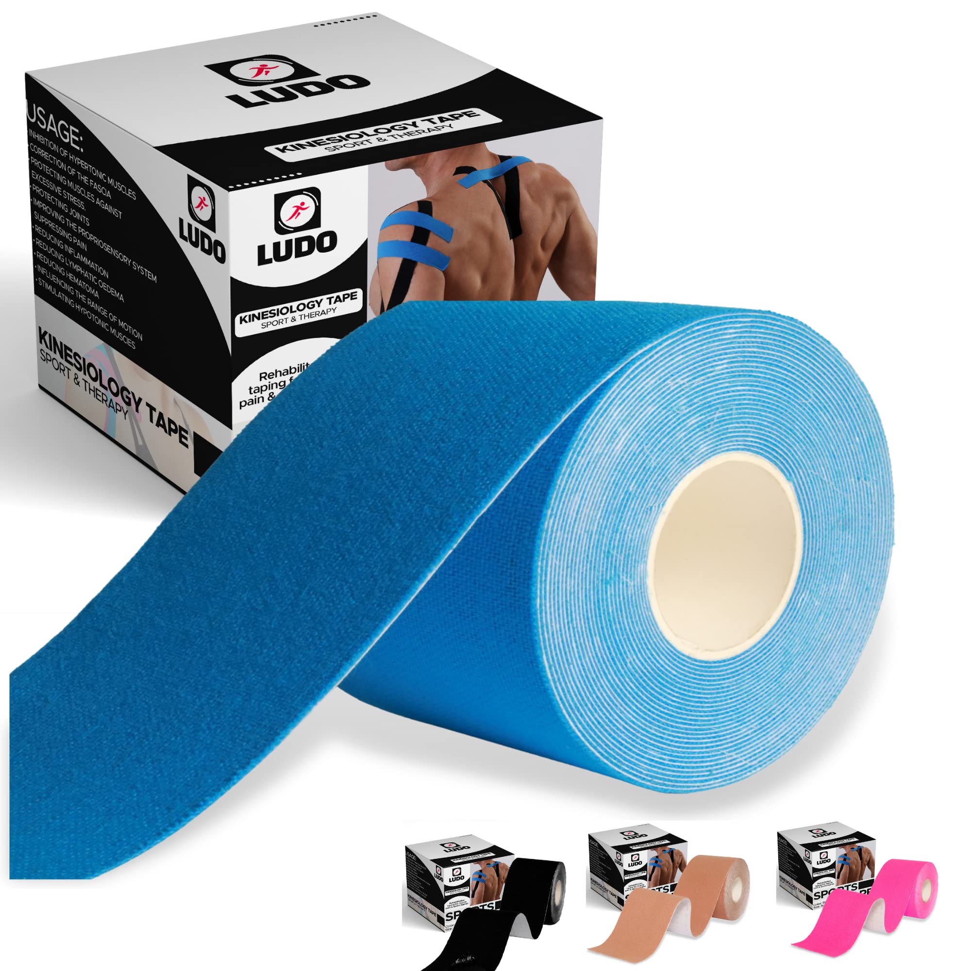 Ludo Kinesiology Tape 5m Roll| Muscle & Medical Physio Tape for Shoulder, shin Splints &Knee Support| Therapeutic BodyTape for Sports, Exercise &Pain Relief-Hypoallergenic Elastic Boob Tape|Blue Tape
