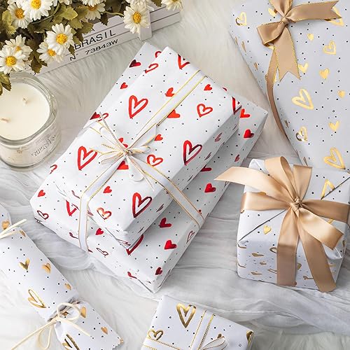 Miniatura 7 de Homeral Rollo de Papel de Regalo Kraft con Corazones - Diseño de Lámina Dorada en Relieve 3D, Envoltura de Regalo de Lujo para el Día de San