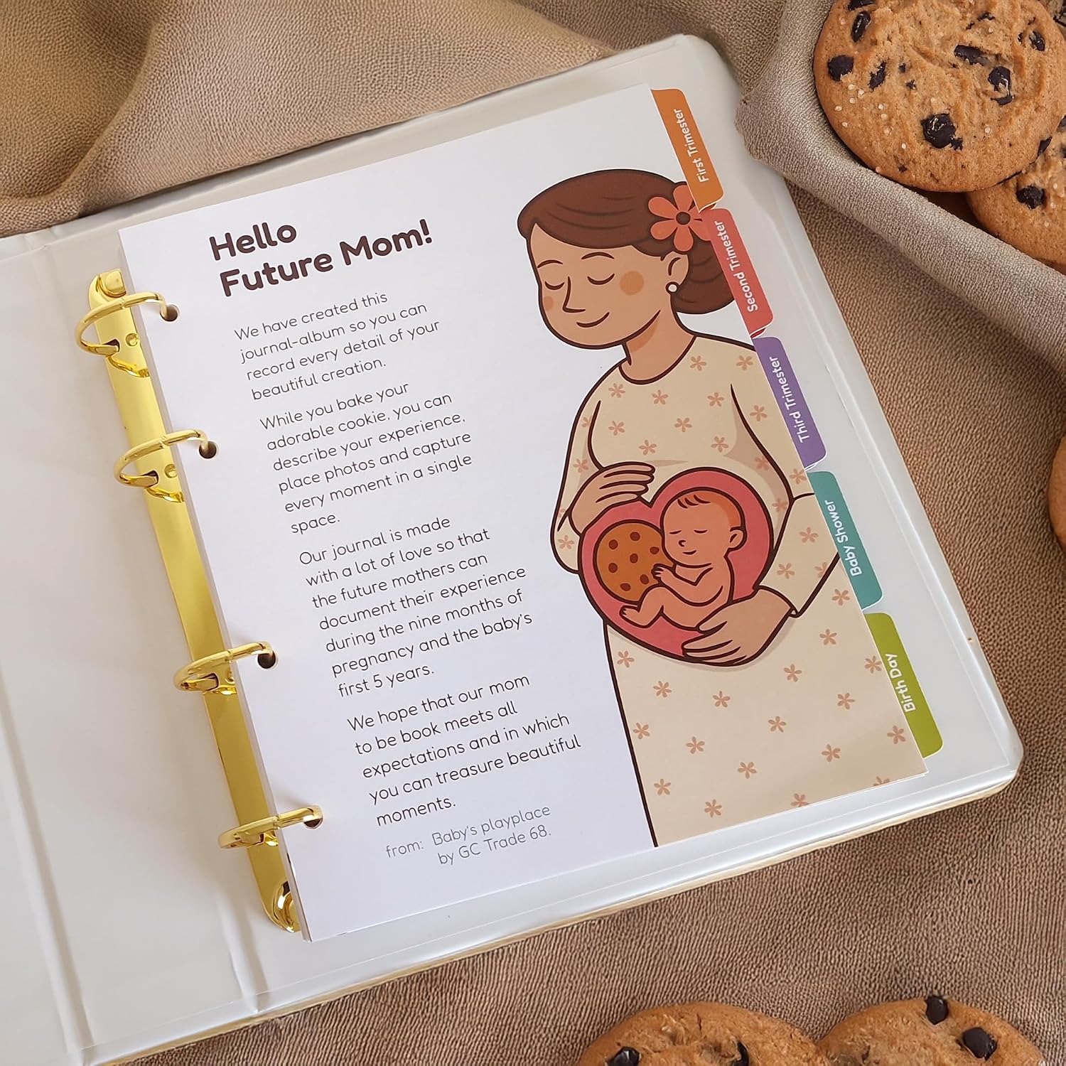 [CLEARANCE] Cookie Baby Pregnancy Journal & Memory Book - Luxury 4-Ring Gold Binder - Goes from Pregnancy to Age 5 - Hardcover Keepsake Album with Stickers & Gift Box