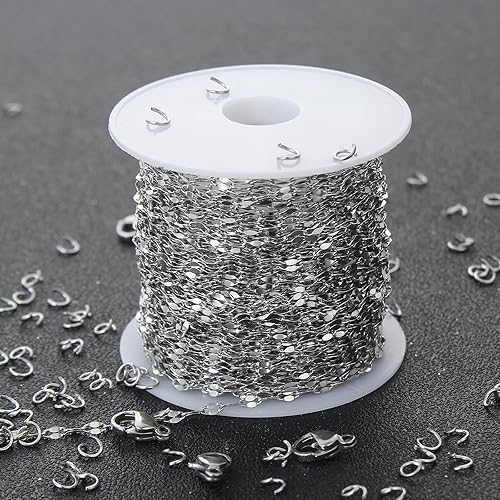 Miniatura 7 de ZZIKO Cadena de acero inoxidable plateado de 32.8 pies, cadenas de eslabones de labios de 0.157 x 0.079 in, cadena de collar de plata con anillos de