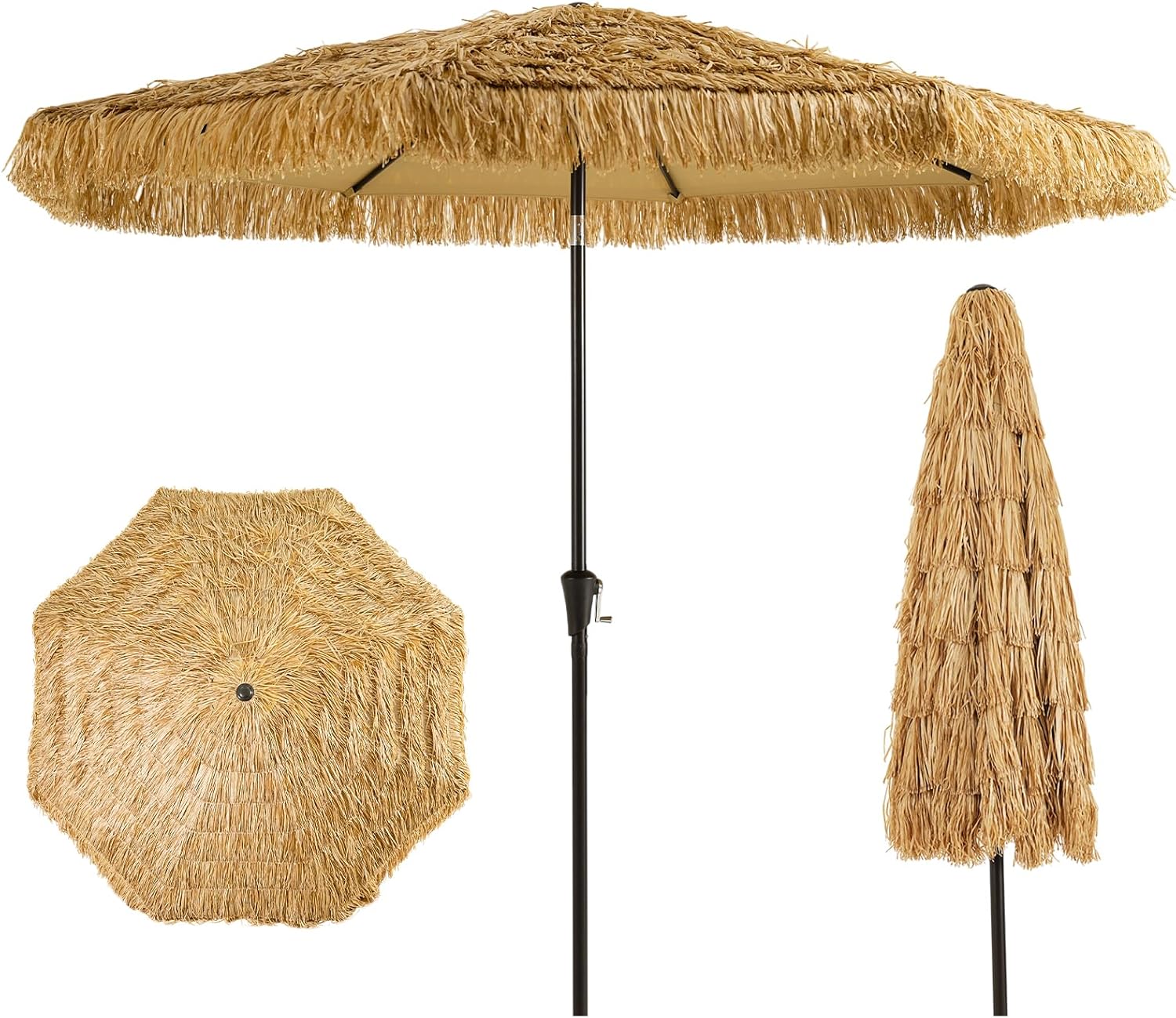 HOMSHADE 9ft Hula Thatched Hawaiian Style Tiki Umbrella with Crank & Tilt, UPF 50+ Nylon Thatch & 220GSM Polyester Canopy, 8 Heavy-Duty Steel Ribs for Outdoor, Patio, Beach, Pool, Backyard, Garden
