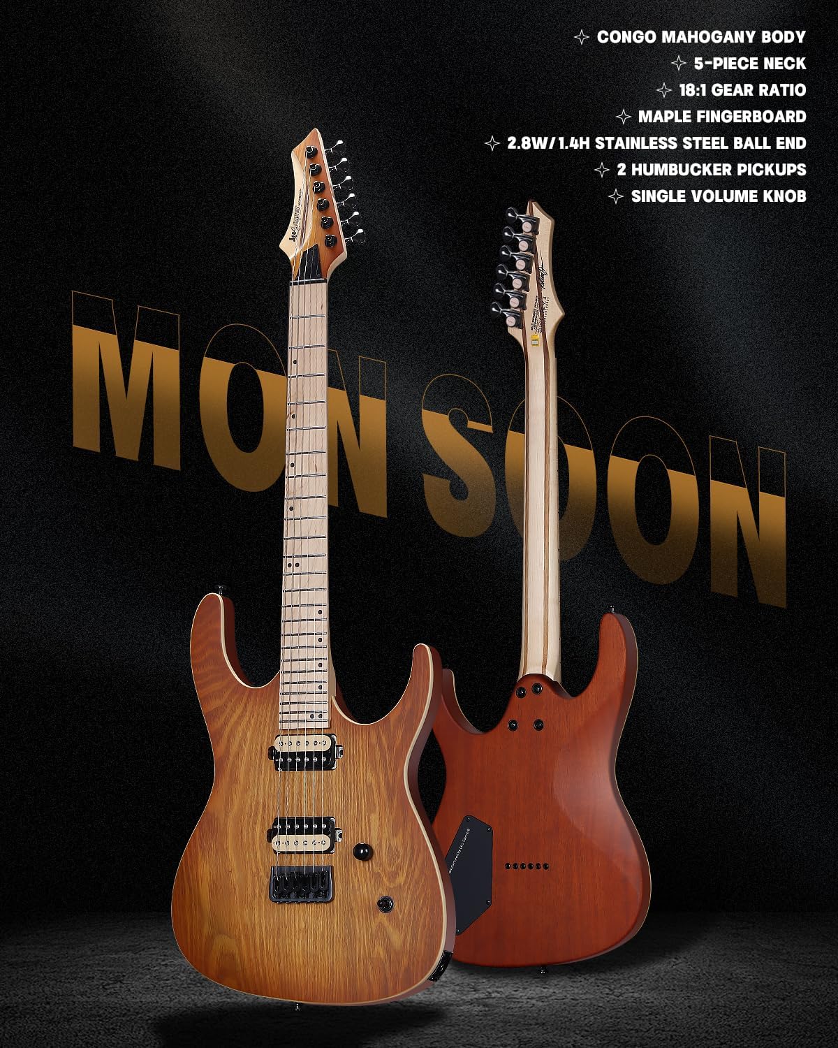 Leo Jaymz Monsoon Series 24-Fret Electric Guitar with Mahogany Body, Walnut/Maple Neck, Stainless Steel Frets, Dual Humbuckers, 3-Way Toggle Switch,Bald Shredder Special Edition (Honey Sunburst Ash)