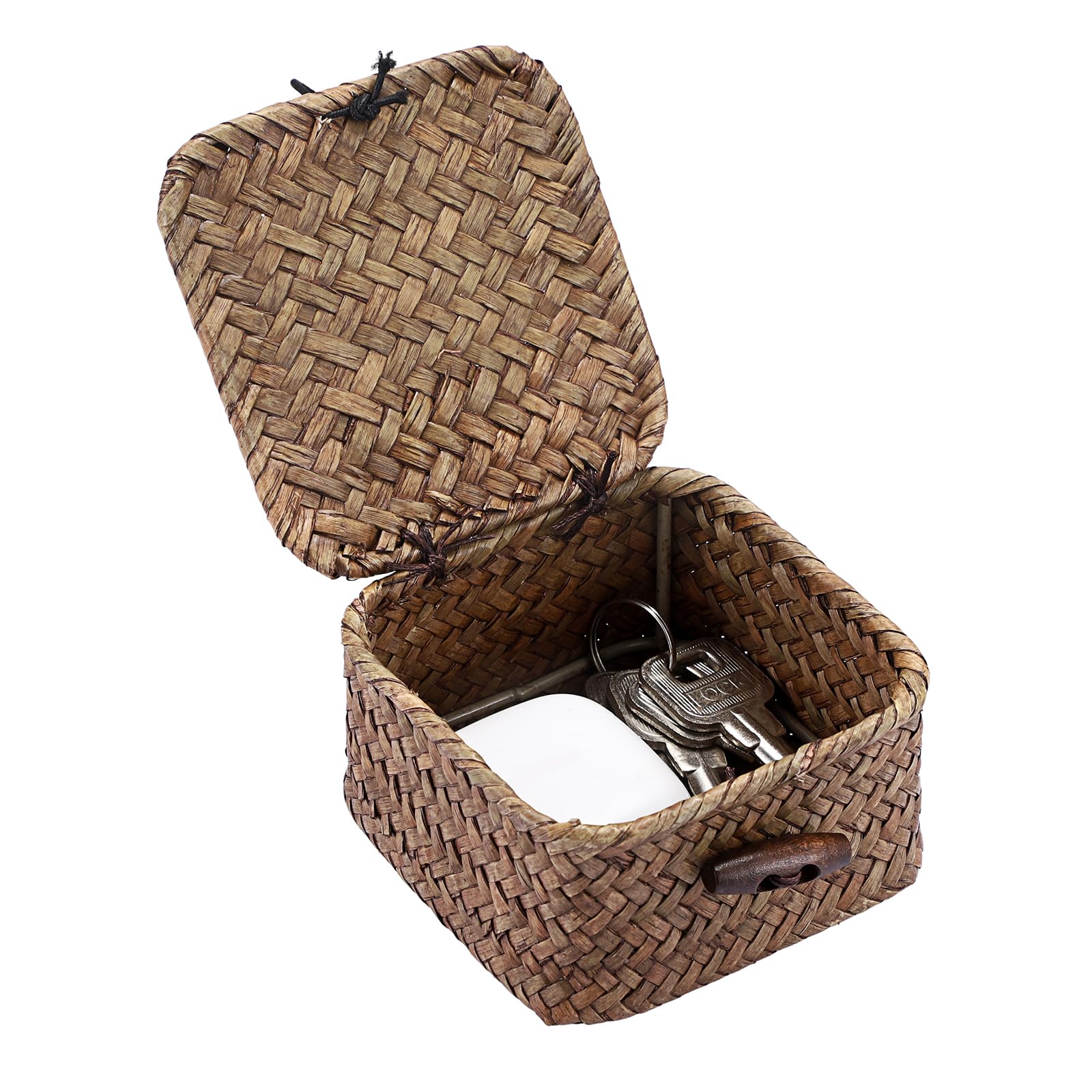 IGNPION Mini Seagrass Desk Storage Basket with Lid, Square Wicker Entryway Keys Basket, Bathroom Organiser Box, Farmhouse Decorative Shelf Box, Multipurpose Storage for Craft, Paper Clip, Hair Ties