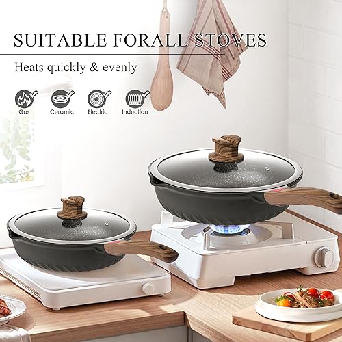 Miniatura 4 de Vinchef Juego de ollas y sartenes, 12 piezas antiadherentes de inducción de cocina con asas que se mantienen frescas, sartenes y sartén con tapa,