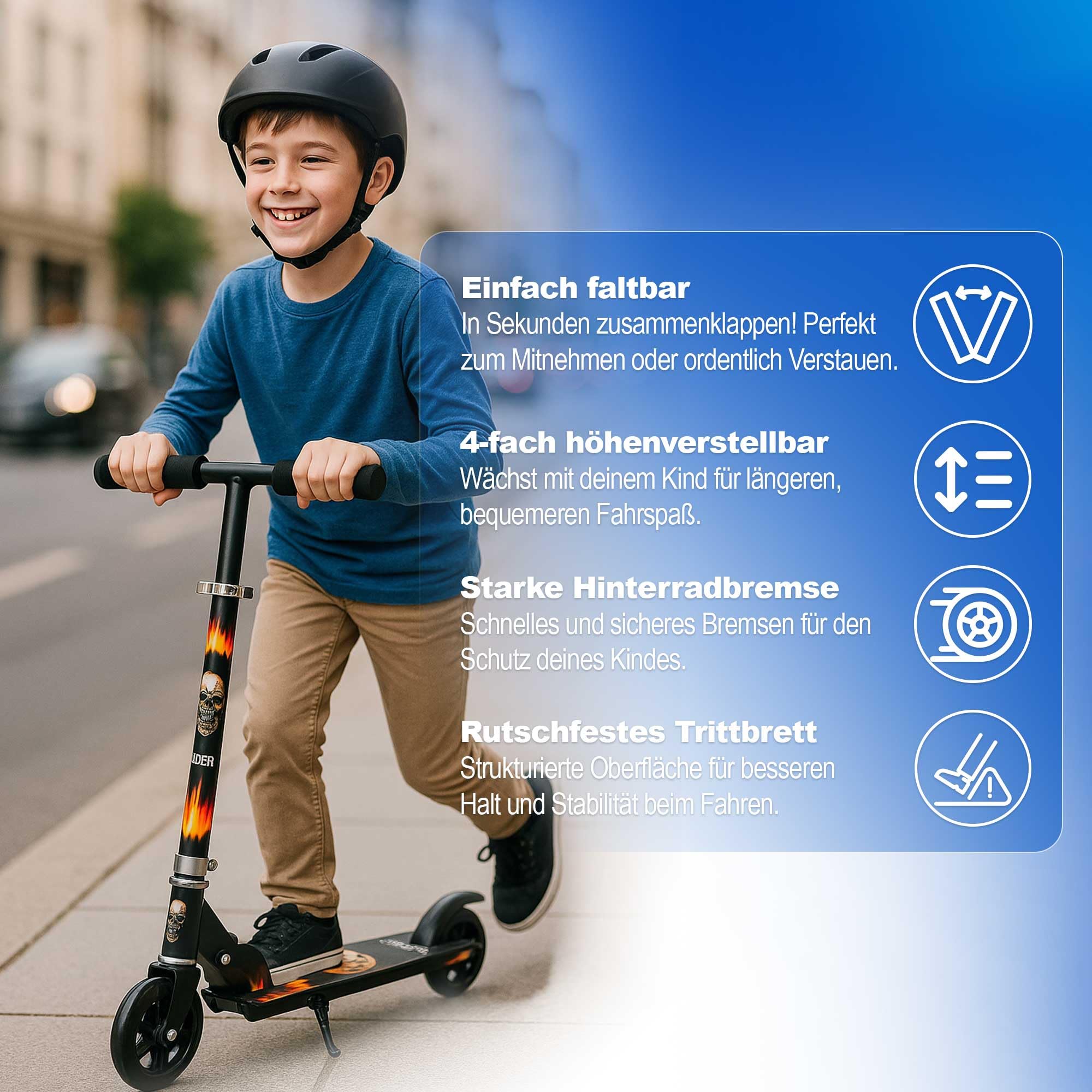 Habib Kinderroller – Mitwachsender Tretroller & Scooter mit LED Rädern, Klappbar, 4 Stufen Höhenverstellbar für Kinder 3-10 Jahre, Jungen & Mädchen