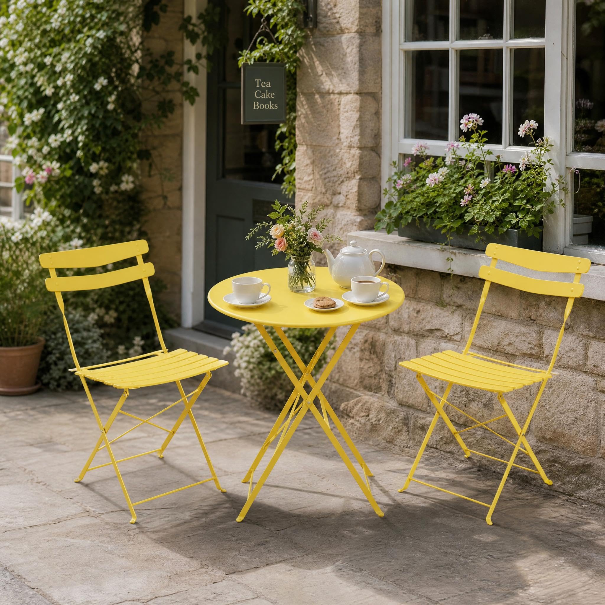 GarveeMore 3 Piece Bistro Set for 2, Folding Garden Table & Chairs Set of 2, Weatherproof Metal Outdoor Seating, Small Balcony Set, No Assembly 2 Seater Patio Set for Gardens & Terraces - Yellow
