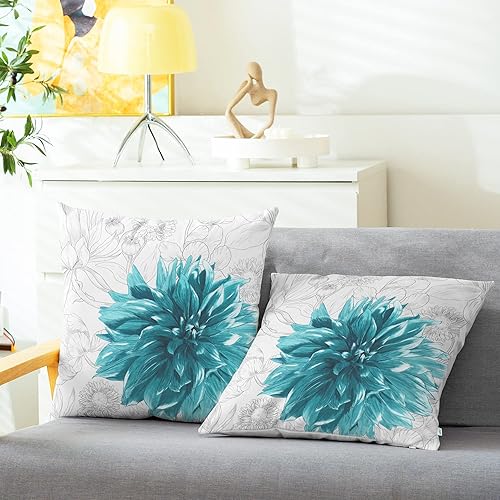 CaliTime Juego de 2 fundas de almohada decorativas de forro polar acogedor con diseño de flores de dalia coloridas y trazos simples con fondo de