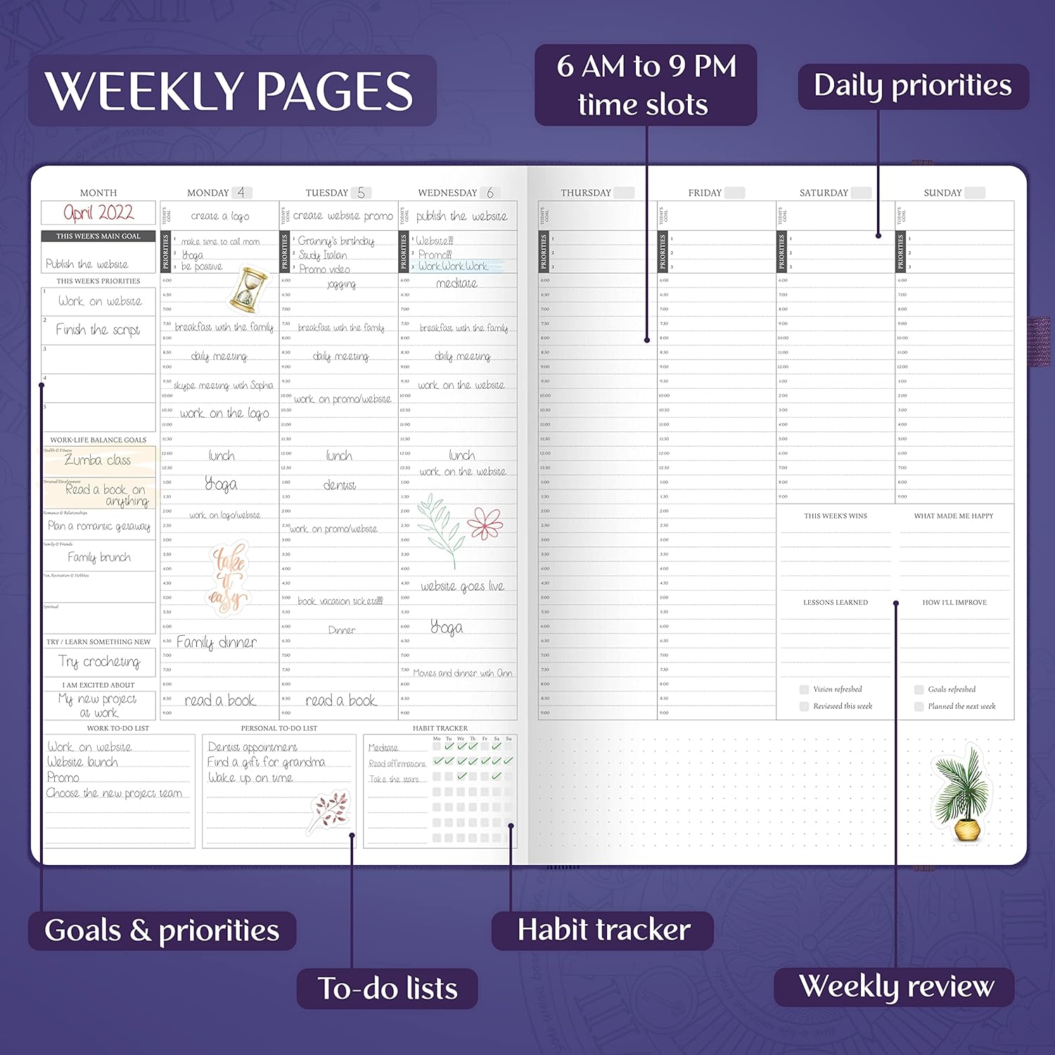 Legend Hourly Planner PRO Premium – Undated Schedule Planner with Time Slots – Weekly, Monthly & Daily Personal Organizer, A4 (Purple)