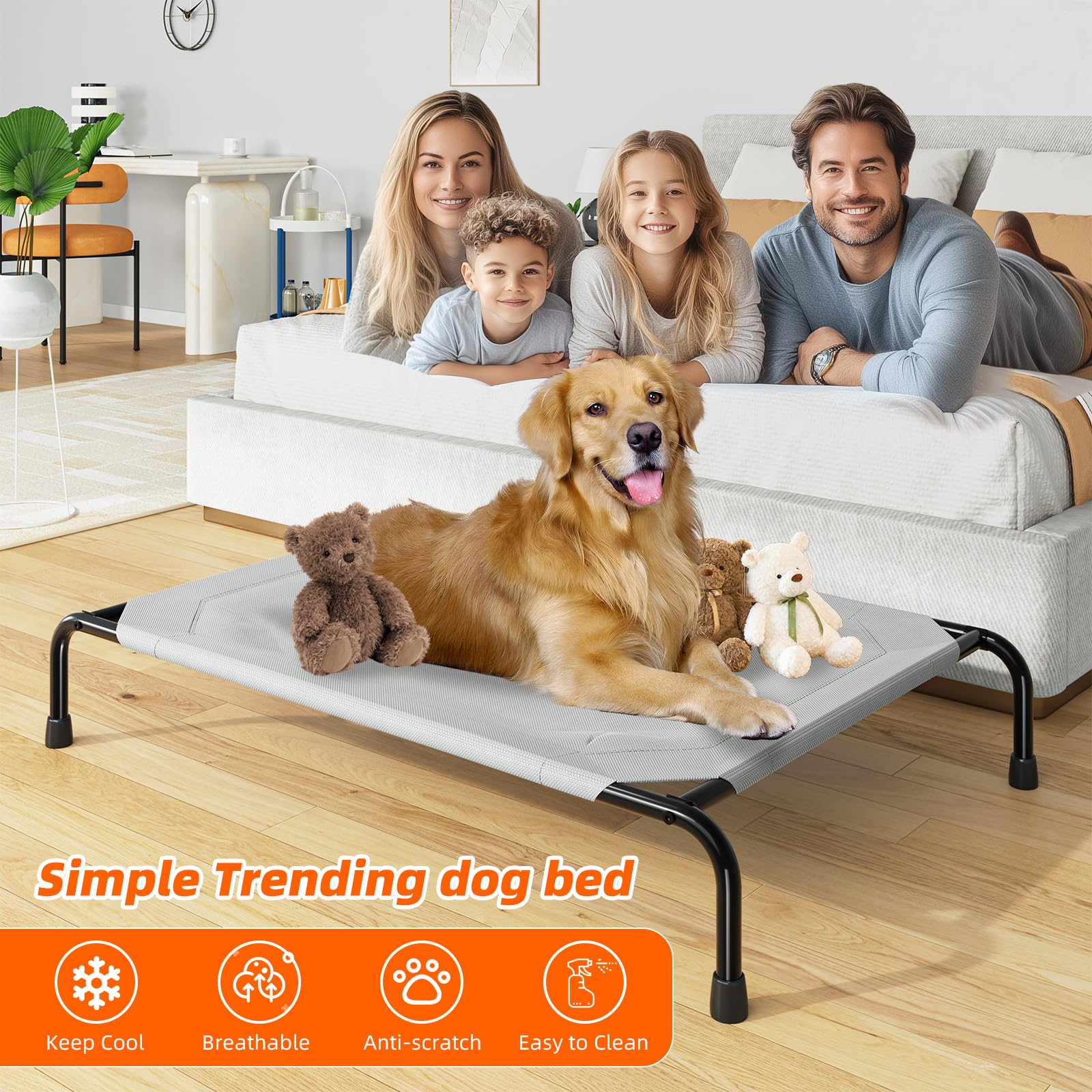 Simple Trending Raised Bed for Large Dog, Waterproof L Pet Cot, Breathable Big Bed Load 300lb, Grey
