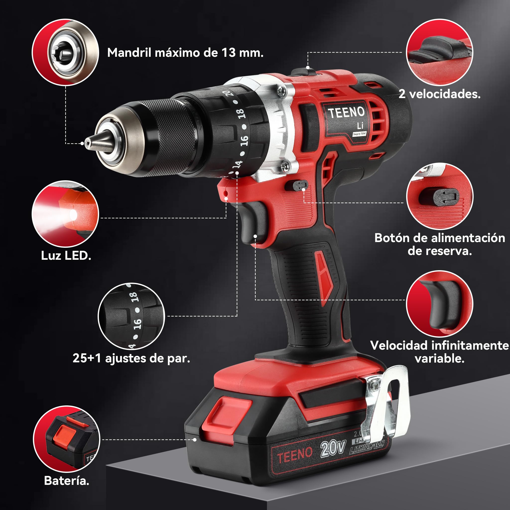 TEENO Cordless Drill Driver 2 x 2.0 Ah Batteries, Screwdriver 45 Nm Hammer Drill, 25 + 3 Torque Settings, 69 Accessories + Case, LED, DIY