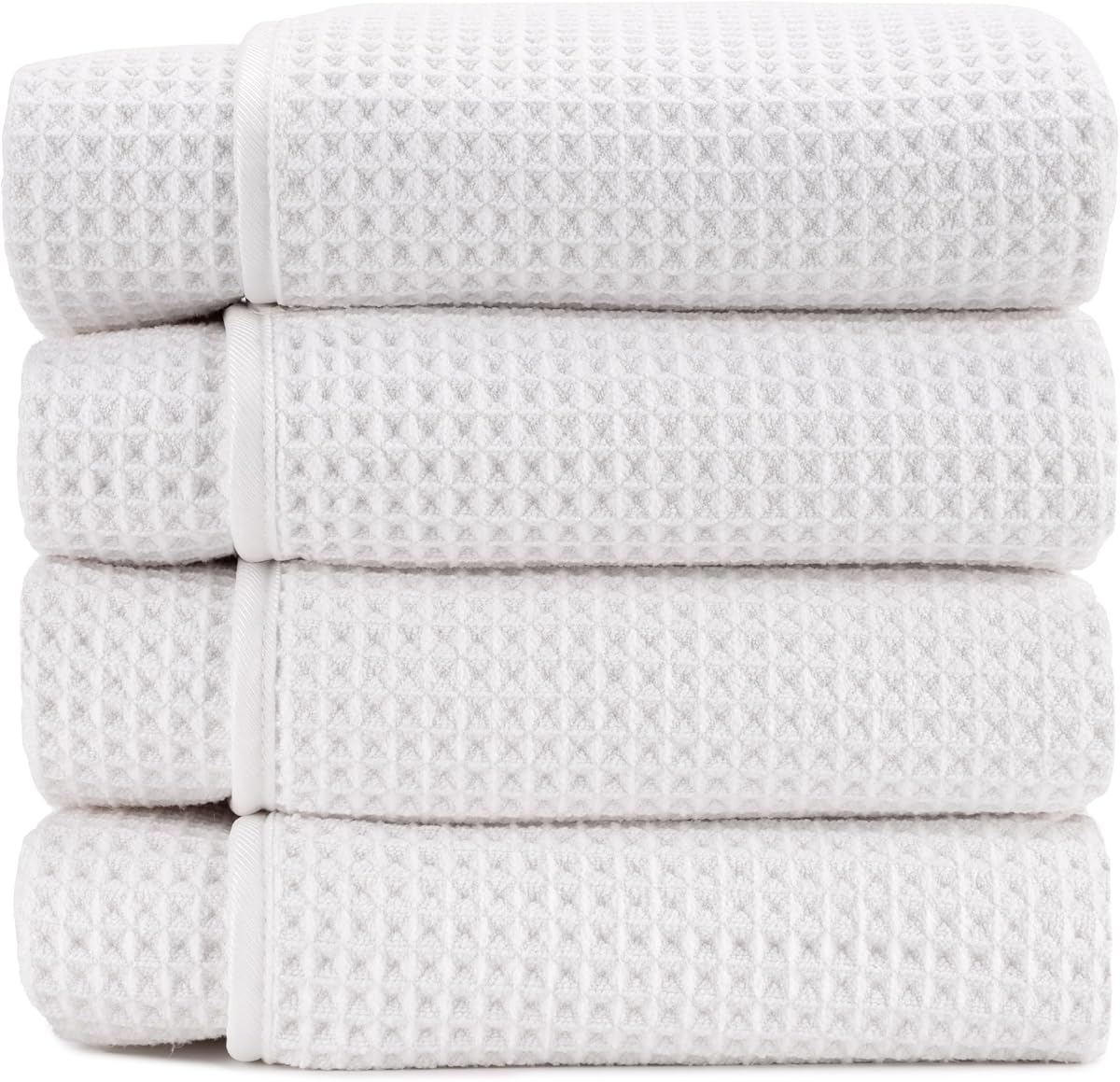 S&T INC. Toallas de baño Aura Waffle, paquete de 4, 30" x 60", blanco | Microfibra absorbente de secado rápido, 420 g/m², liviana, con lazo para colgar cosido, compacto para el hogar, el gimnasio y los viajes
