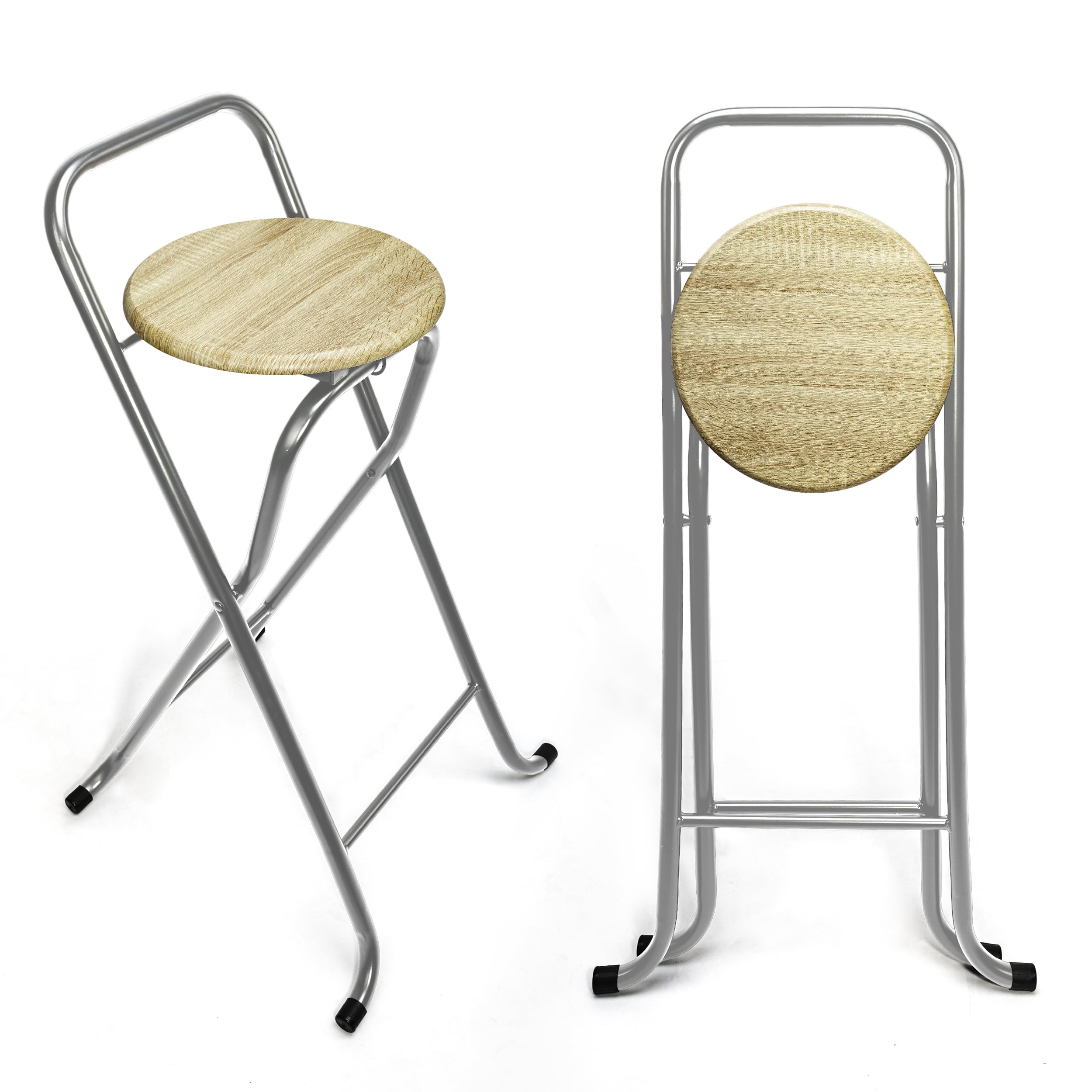 BESCH High Folding Stool 44 x 46 x 80 cm with Backrest – Metal Folding Chair with Natural Wood Base, Ideal for Kitchen, Living Room, Bar (46 x 46 x 98 cm, Base Dark Oak)