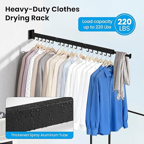 Miniatura 5 de Tendedero para ropa montado en la pared, retráctil plegable (tres pliegues) ahorrador de espacio, negro con 18 ganchos para lavandería, organización