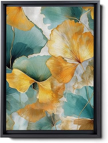 Gold Turquoise Ginkgo Leaf Print, Captivating Plants Wall Art, Ginkgo Biloba Leaf Print Painting, Embrace the Serenity of Nature