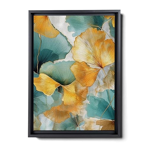 Gold Turquoise Ginkgo Leaf Print, Captivating Plants Wall Art, Ginkgo Biloba Leaf Print Painting, Embrace the Serenity of Nature
