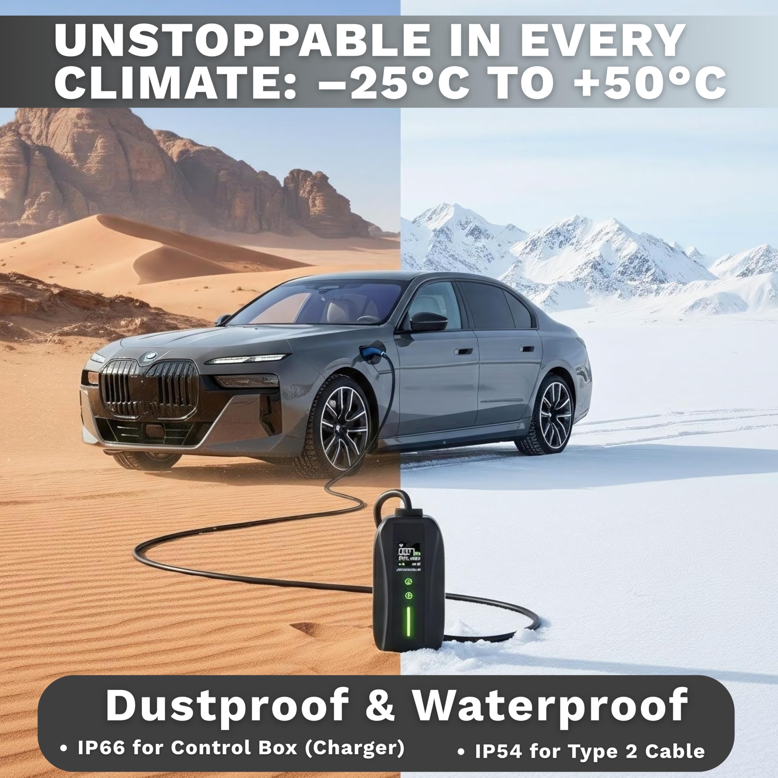 Cable de carga tipo 2 enchufe CEE [trifásico, 7 m, 6-16 A] - Caja de pared móvil y cargador EV - Carga rápida para coche eléctrico - Compatible con VW, Tesla, BMW, Audi, Hyundai y más (11