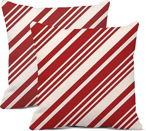 Juego de 2 fundas de almohada de 20 x 20 pulgadas con rayas de bastón de caramelo en colores rojo y crema, ideales para envolver fundas de almohada