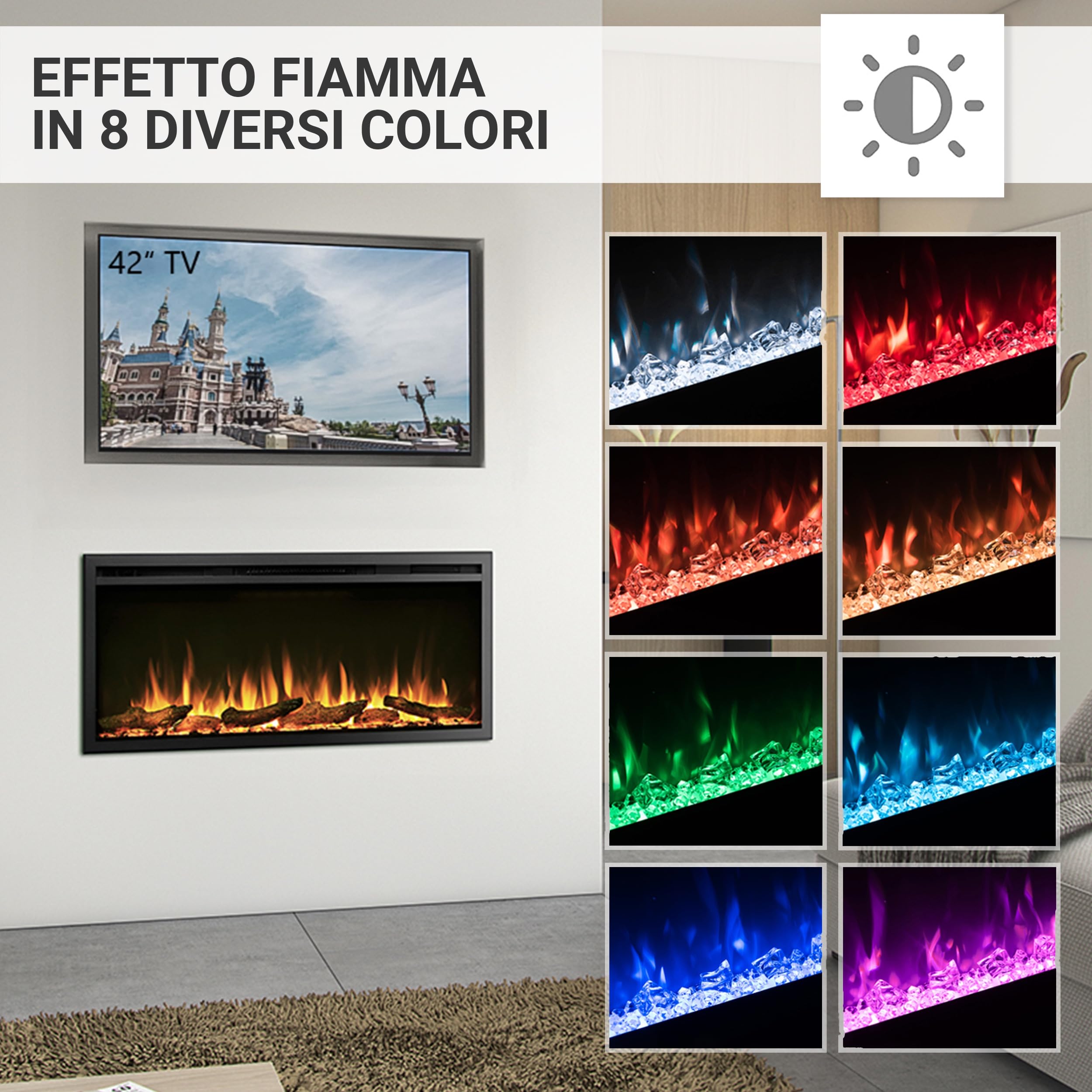 Balderia camino elettrico Atalanta | Caminetto a incasso effetto fiamma 3D | Riscaldamento elettrico 1500W, LED, comando via app, crepitio | Nero
