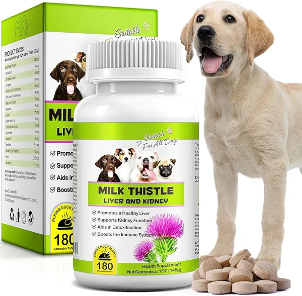 Milk Thistle for Dogs, 180 Chewable Tablets Milk Thistle Supplement for Dogs Natural Liver Support for Pets, Kidney Cleanse & Repair, Boosts Immune System Peking Duck Flavor
