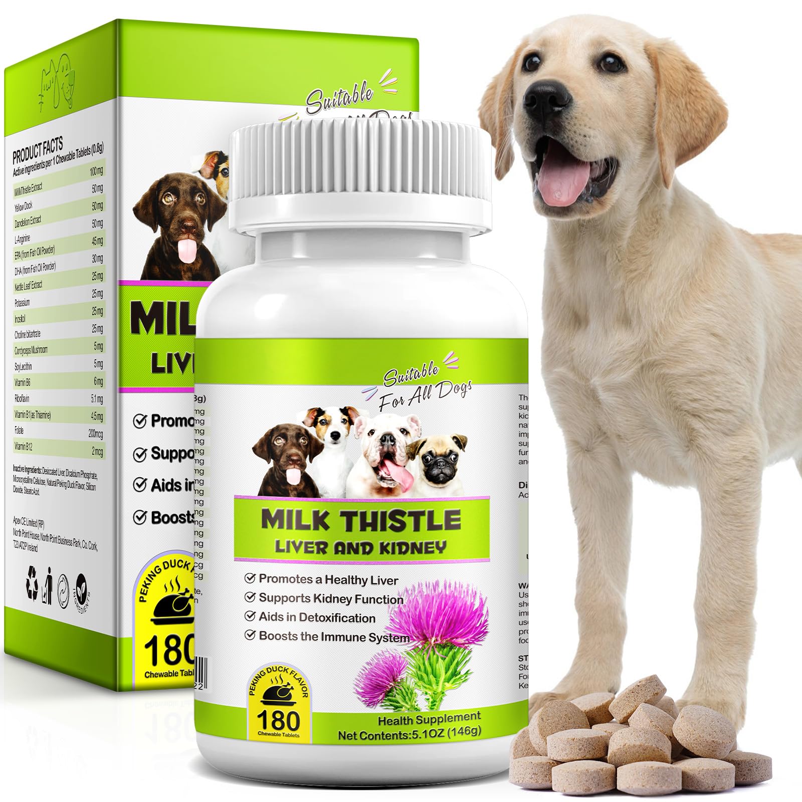 Milk Thistle for Dogs, 180 Chewable Tablets Milk Thistle Supplement for Dogs Natural Liver Support for Pets, Kidney Cleanse & Repair, Boosts Immune