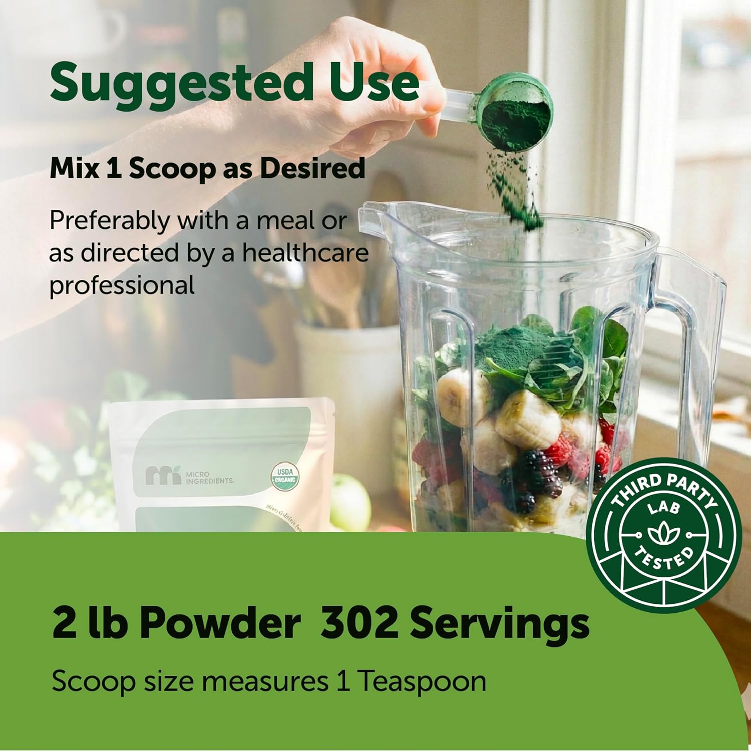Micro Ingredients Organic Spirulina Powder, 2lb | Blue-Green Algae, Rich in Vegan Protein, Vitamins & Minerals | Source of Natural Chlorophyll & Enzymes | Non-GMO, Gluten-Free, No Additives