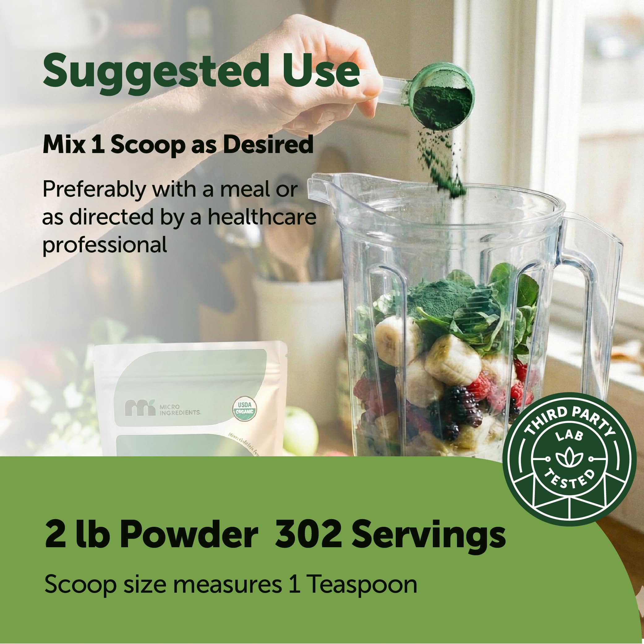 Micro Ingredients Organic Spirulina Powder, 2lb | Blue-Green Algae, Rich in Vegan Protein, Vitamins & Minerals | Source of Natural Chlorophyll & Enzymes | Non-GMO, Gluten-Free, No Additives — Amazon image 4